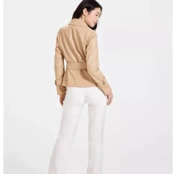 Anne Klein Womens Faux-Leather Belted Trench Jacket Cream 14 NEW - Picture 3 of 3